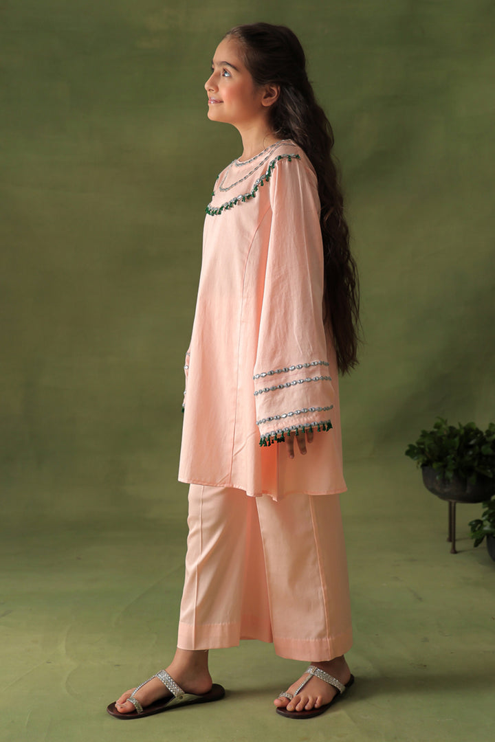 Solid Peach A-line Kurta and Wide Leg Pants Co-ord Set
