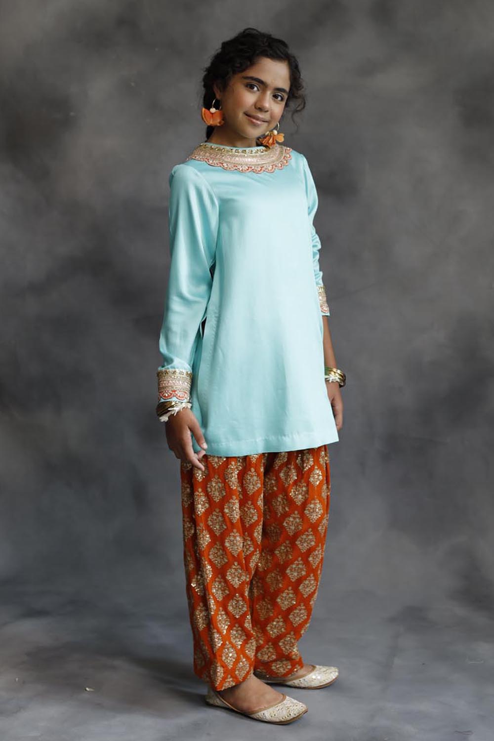 Firozi Kurta & Orange Farshi Salwar Set