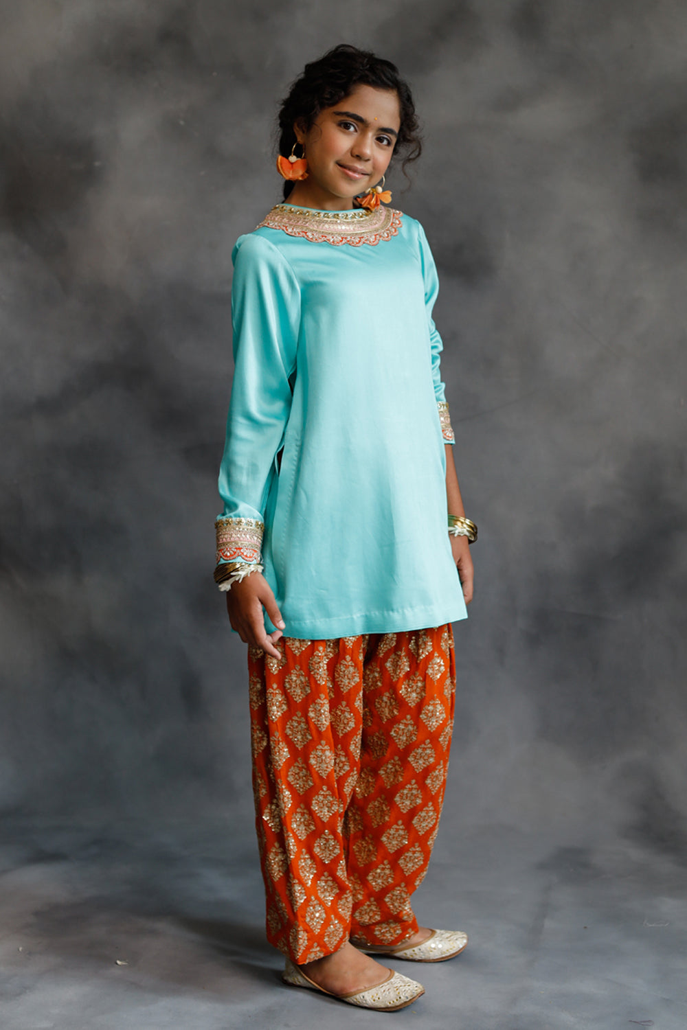 Firozi Kurta & Orange Farshi Salwar Set