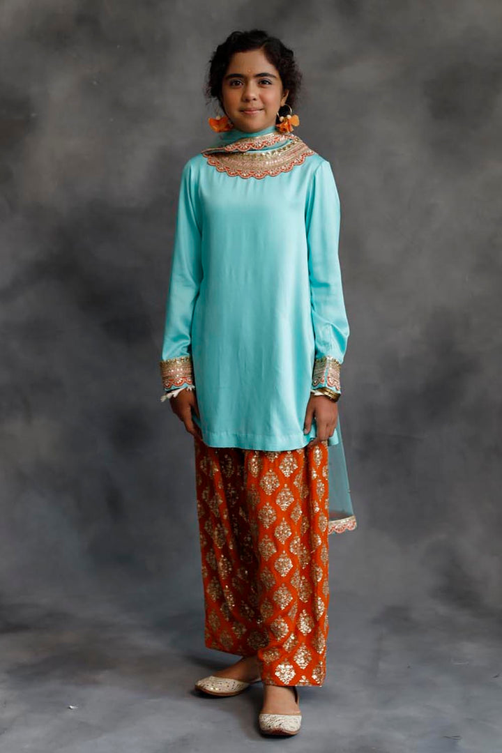 Firozi Kurta & Orange Farshi Salwar Set