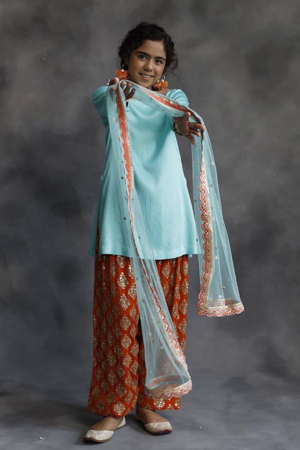 Firozi Kurta & Orange Farshi Salwar Set