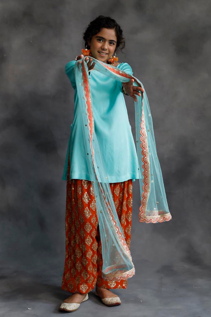 Firozi Kurta & Orange Farshi Salwar Set