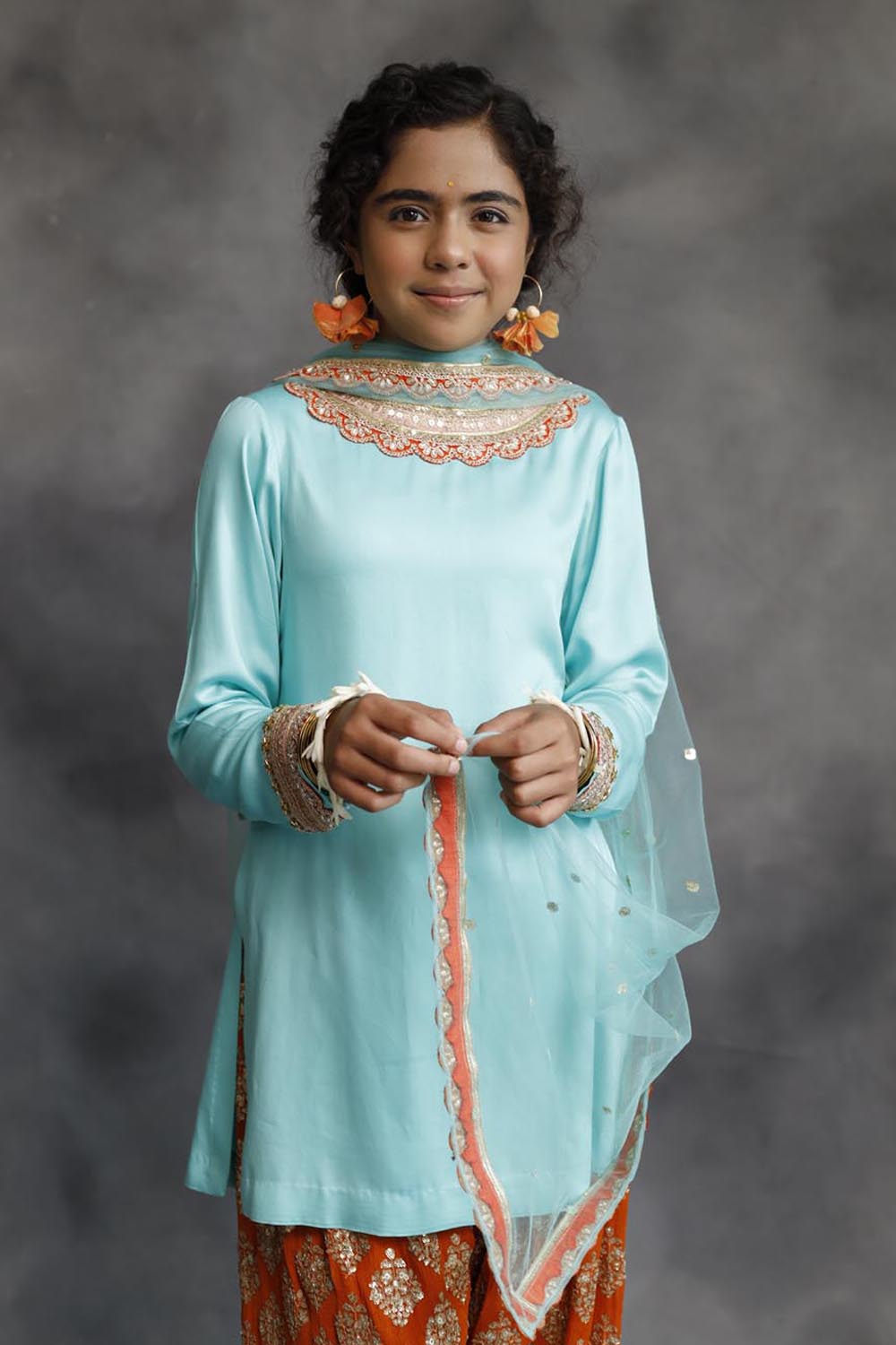Firozi Kurta & Orange Farshi Salwar Set