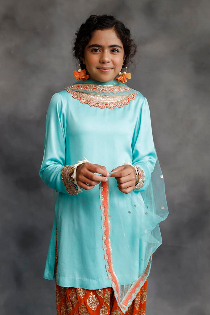 Firozi Kurta & Orange Farshi Salwar Set