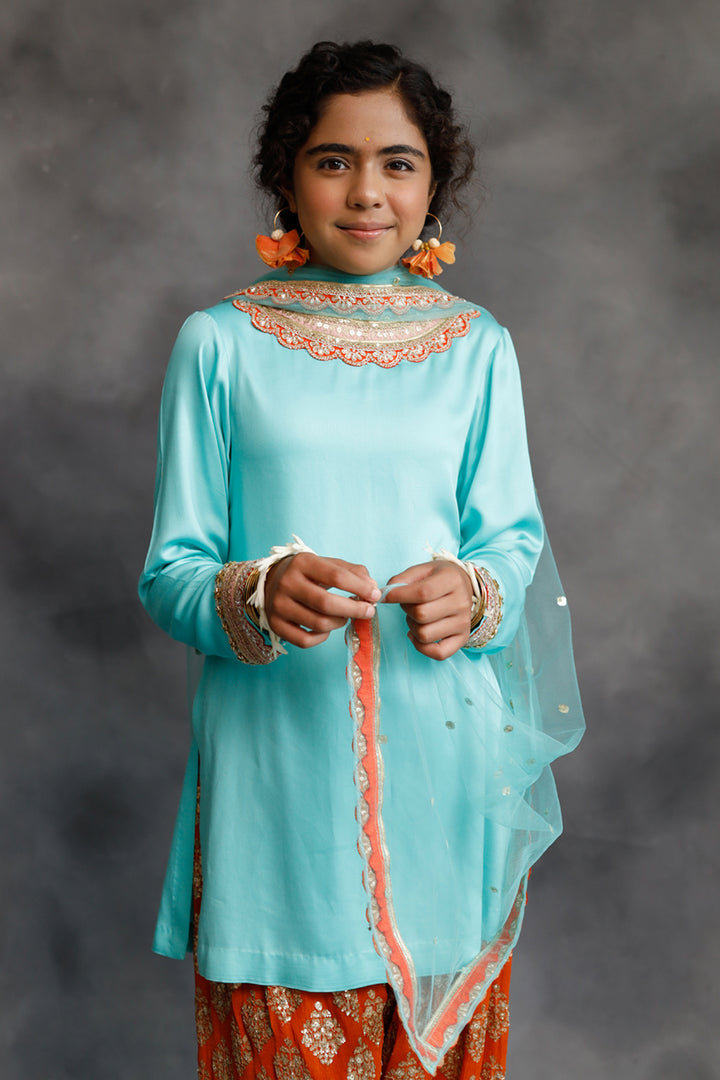 Firozi Kurta & Orange Farshi Salwar Set