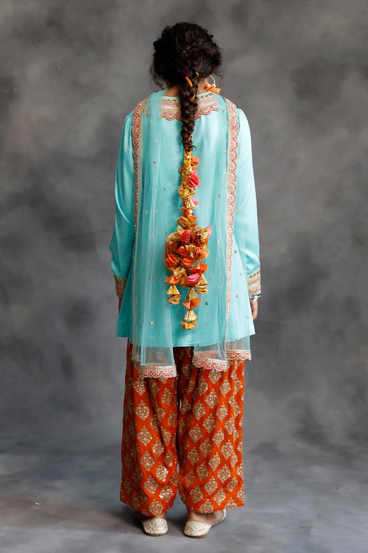 Firozi Kurta & Orange Farshi Salwar Set