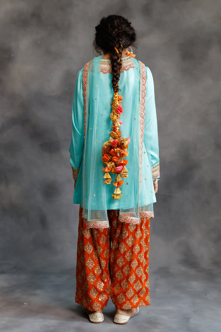 Firozi Kurta & Orange Farshi Salwar Set