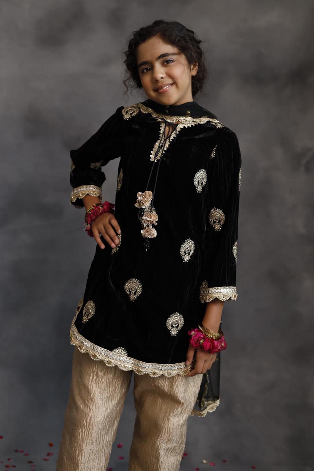 Short Black Velvet Kurta With Salwar Set