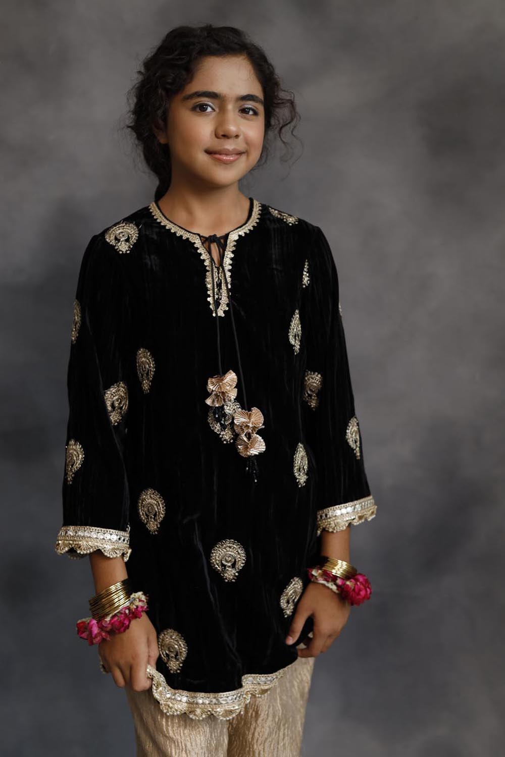 Short Black Velvet Kurta With Salwar Set