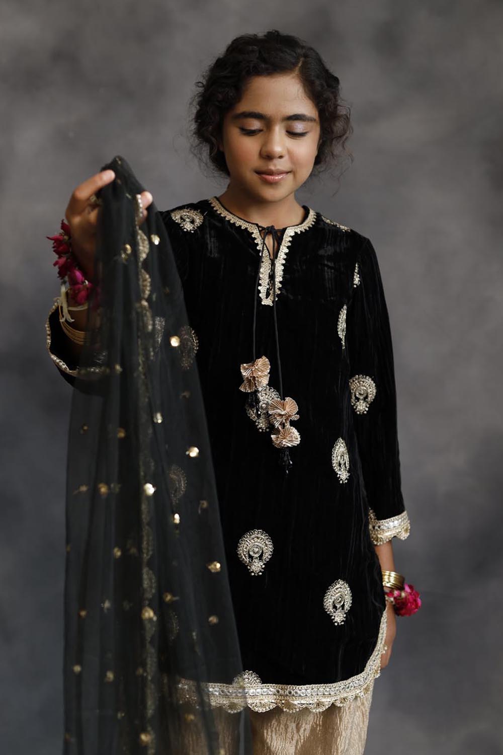 Short Black Velvet Kurta With Salwar Set