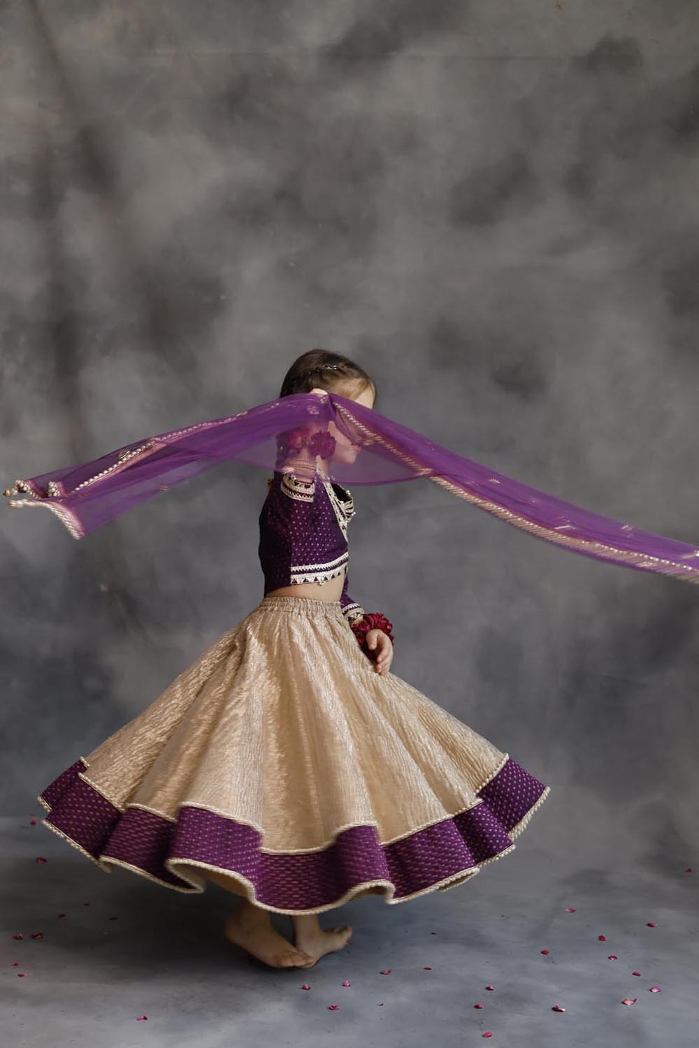 Purple Blouse & Gold Tissue Lehenga Set