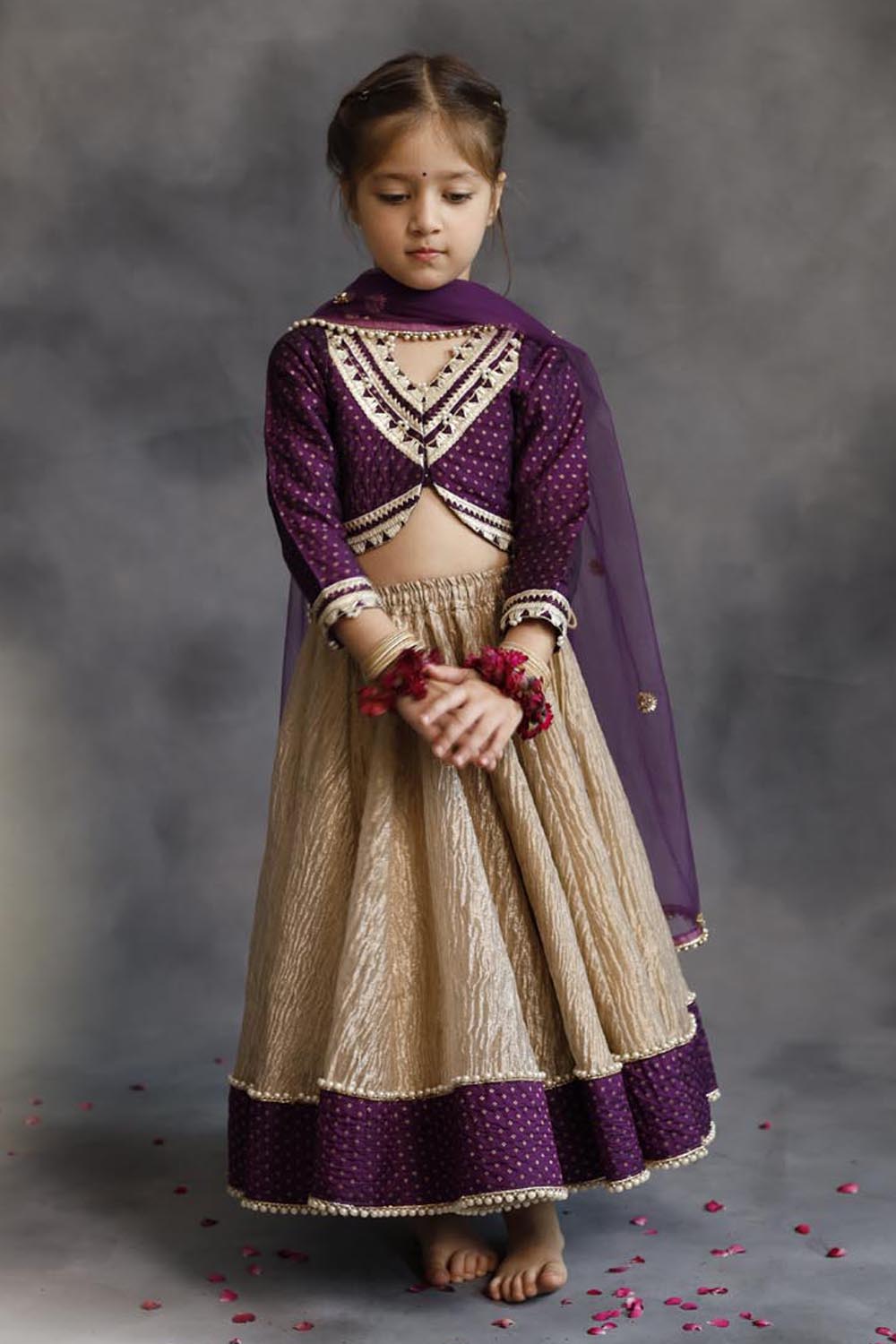 Purple Blouse & Gold Tissue Lehenga Set