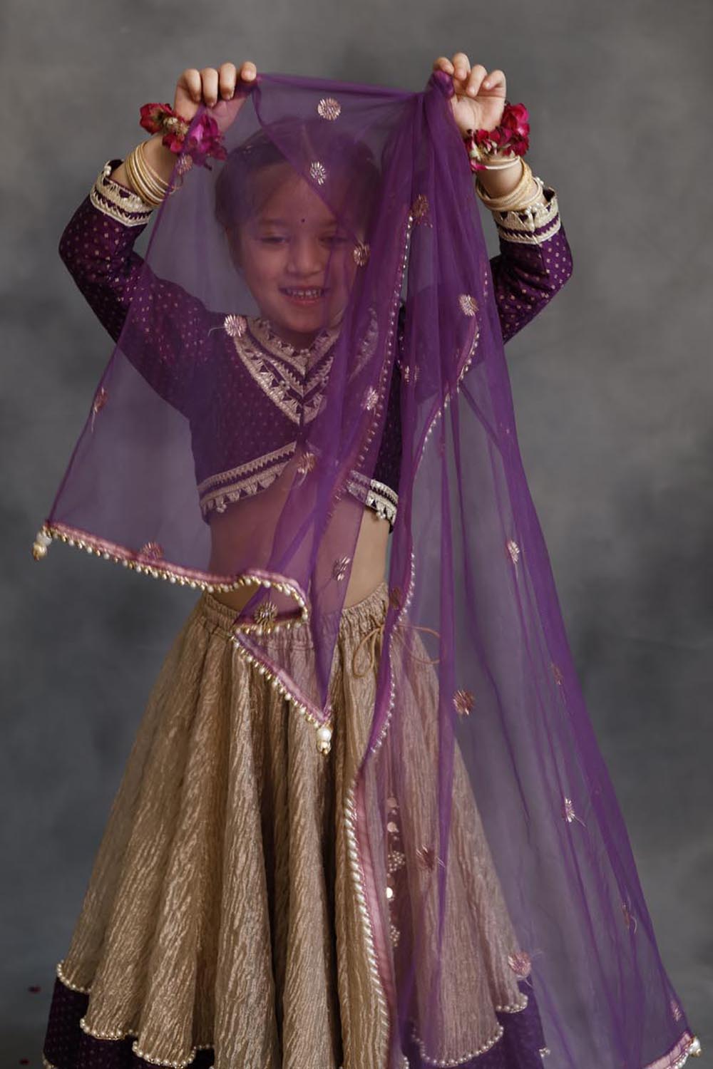 Purple Blouse & Gold Tissue Lehenga Set