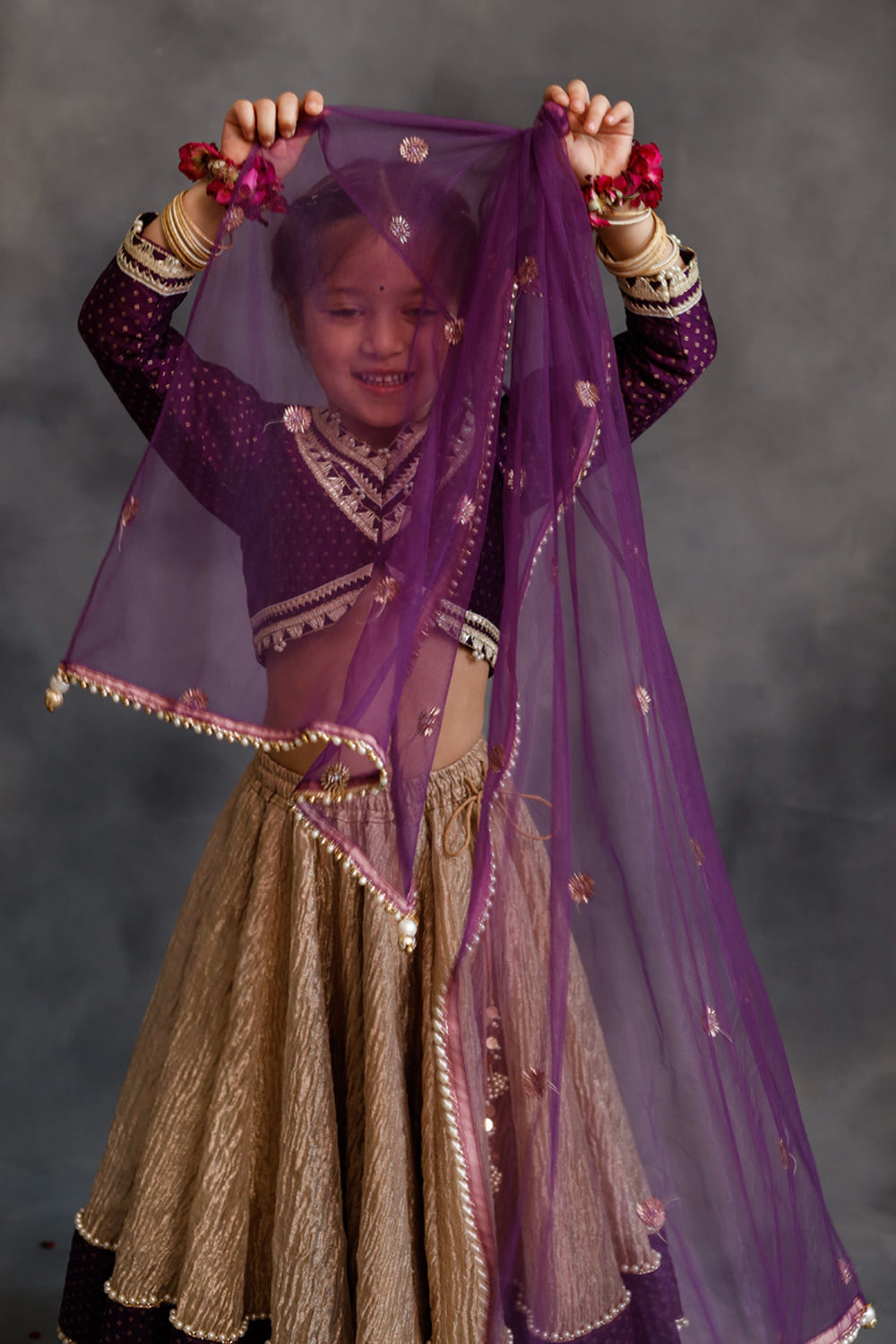 Purple Blouse & Gold Tissue Lehenga Set