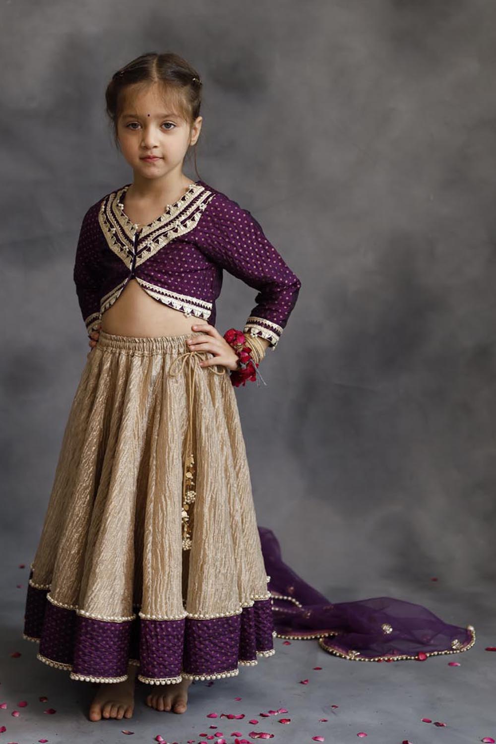 Purple Blouse & Gold Tissue Lehenga Set