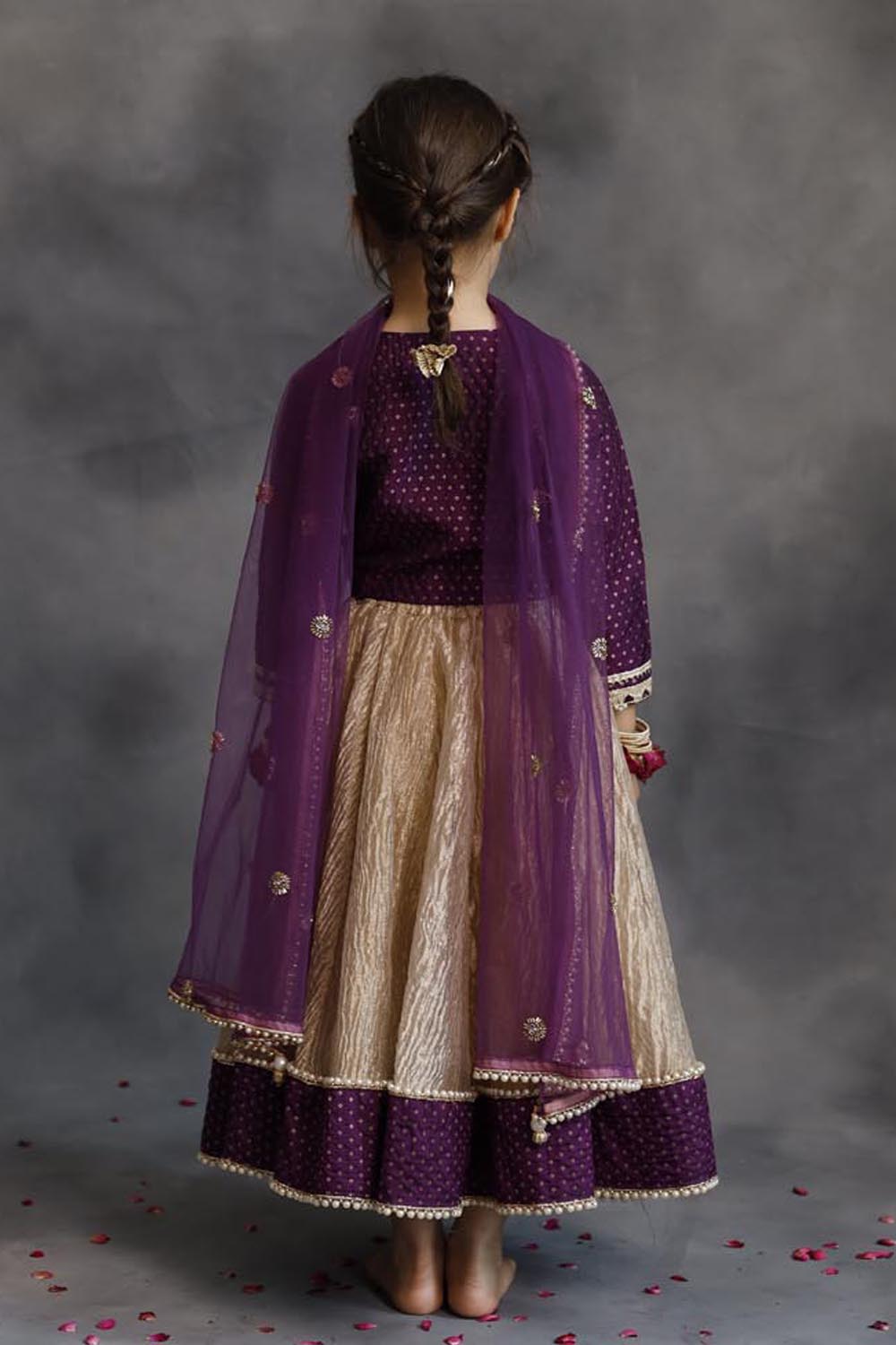 Purple Blouse & Gold Tissue Lehenga Set