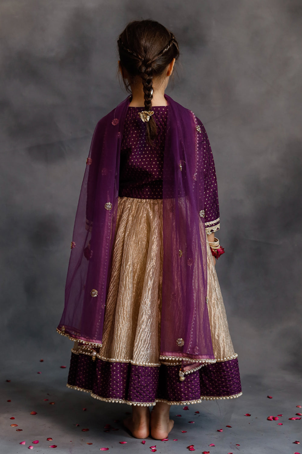 Purple Blouse & Gold Tissue Lehenga Set