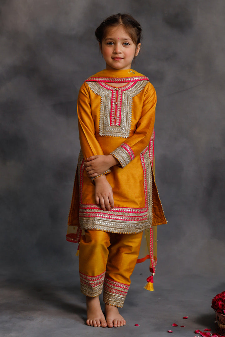 Haldi Yellow Kurta With Gold & Pink Borders Set