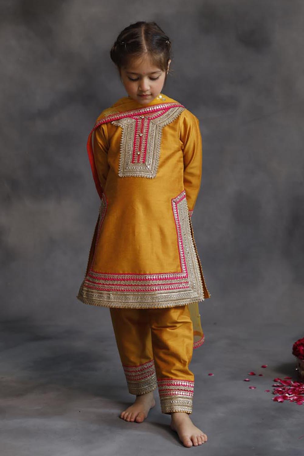 Haldi Yellow Kurta With Gold & Pink Borders Set
