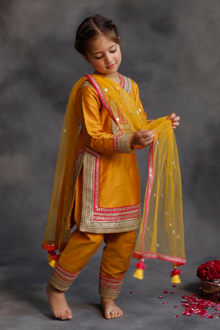 Haldi Yellow Kurta With Gold & Pink Borders Set