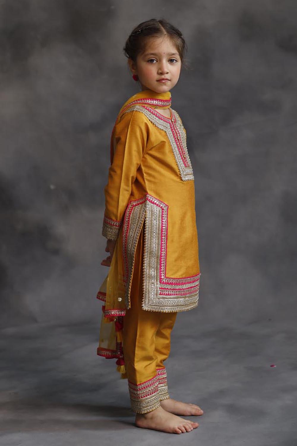 Haldi Yellow Kurta With Gold & Pink Borders Set