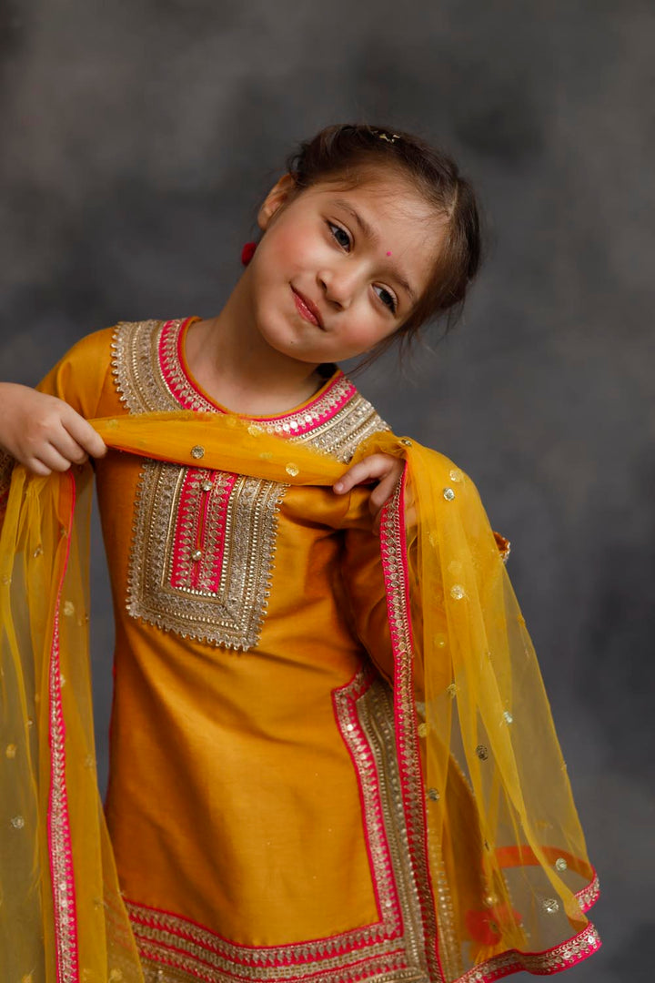Haldi Yellow Kurta With Gold & Pink Borders Set