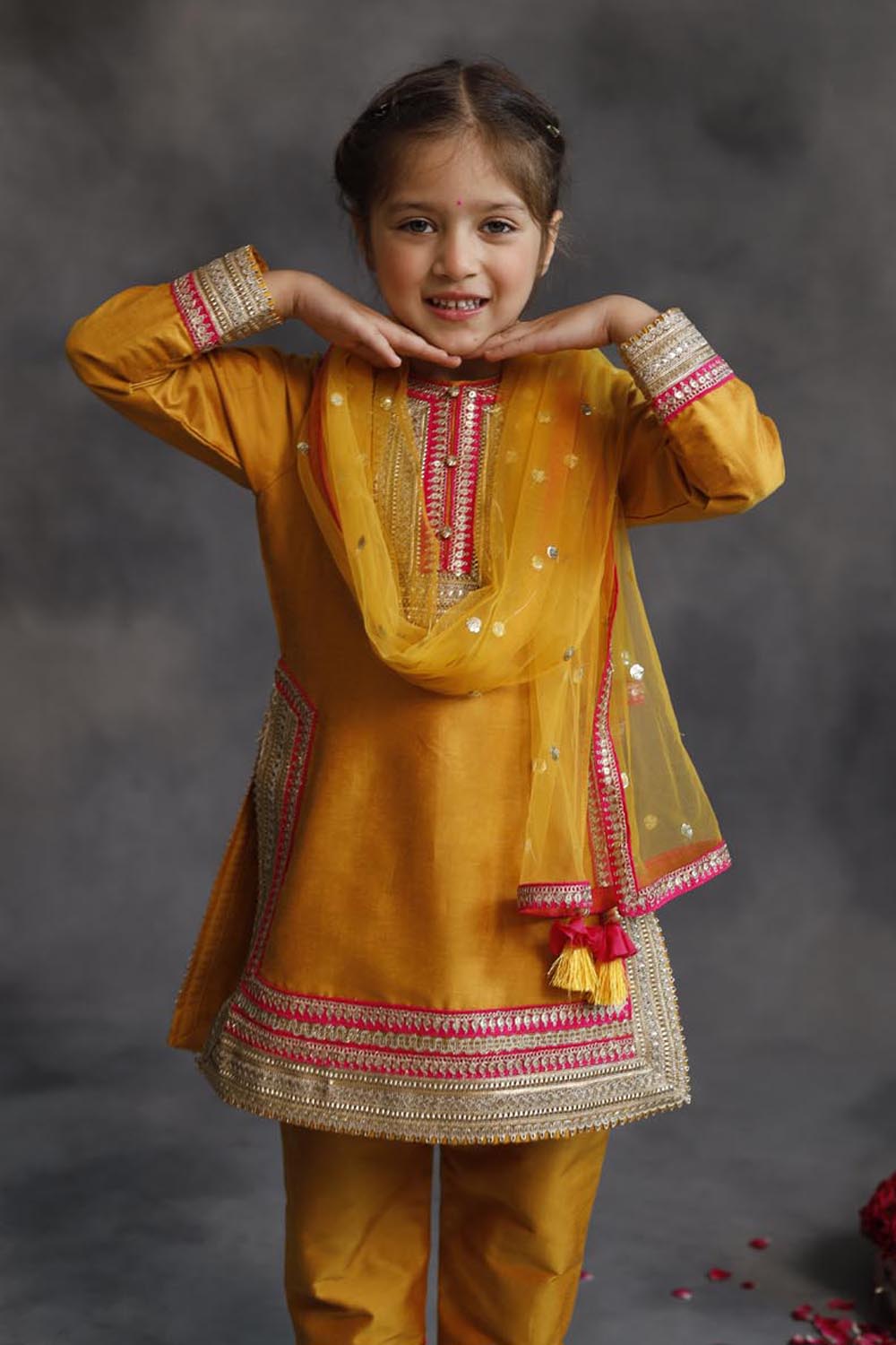 Haldi Yellow Kurta With Gold & Pink Borders Set
