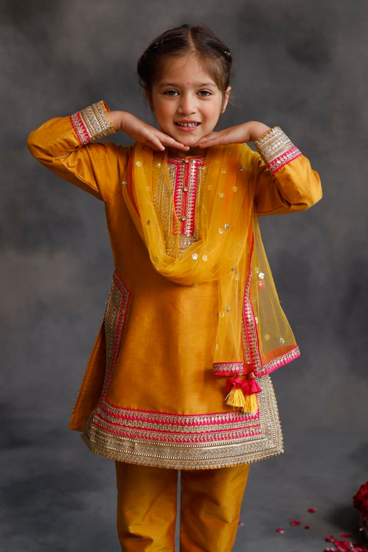 Haldi Yellow Kurta With Gold & Pink Borders Set