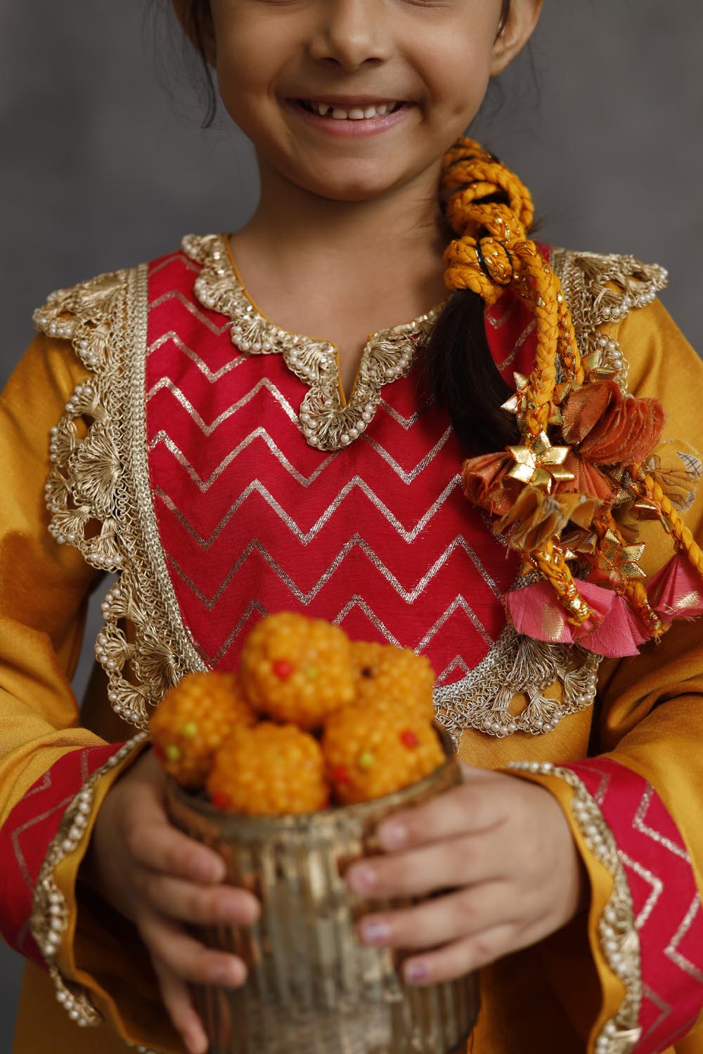 Yellow and Pink Asymmetric Kurta With Pants Set