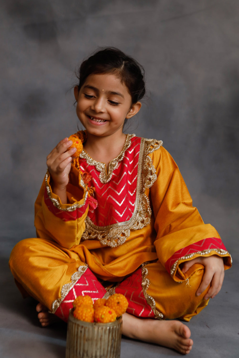 Yellow and Pink Asymmetric Kurta With Pants Set