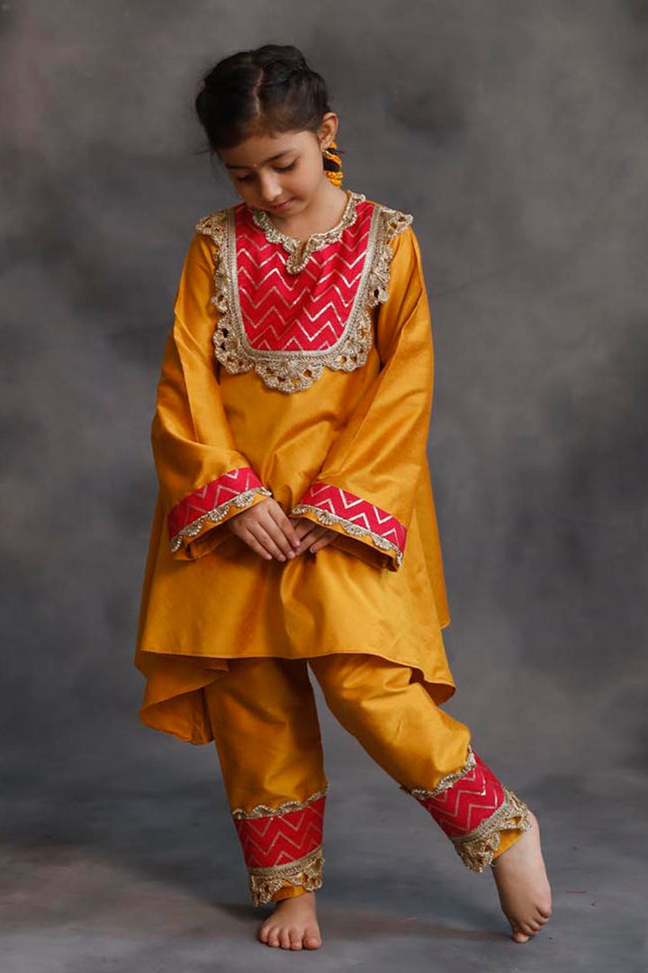 Yellow and Pink Asymmetric Kurta With Pants Set