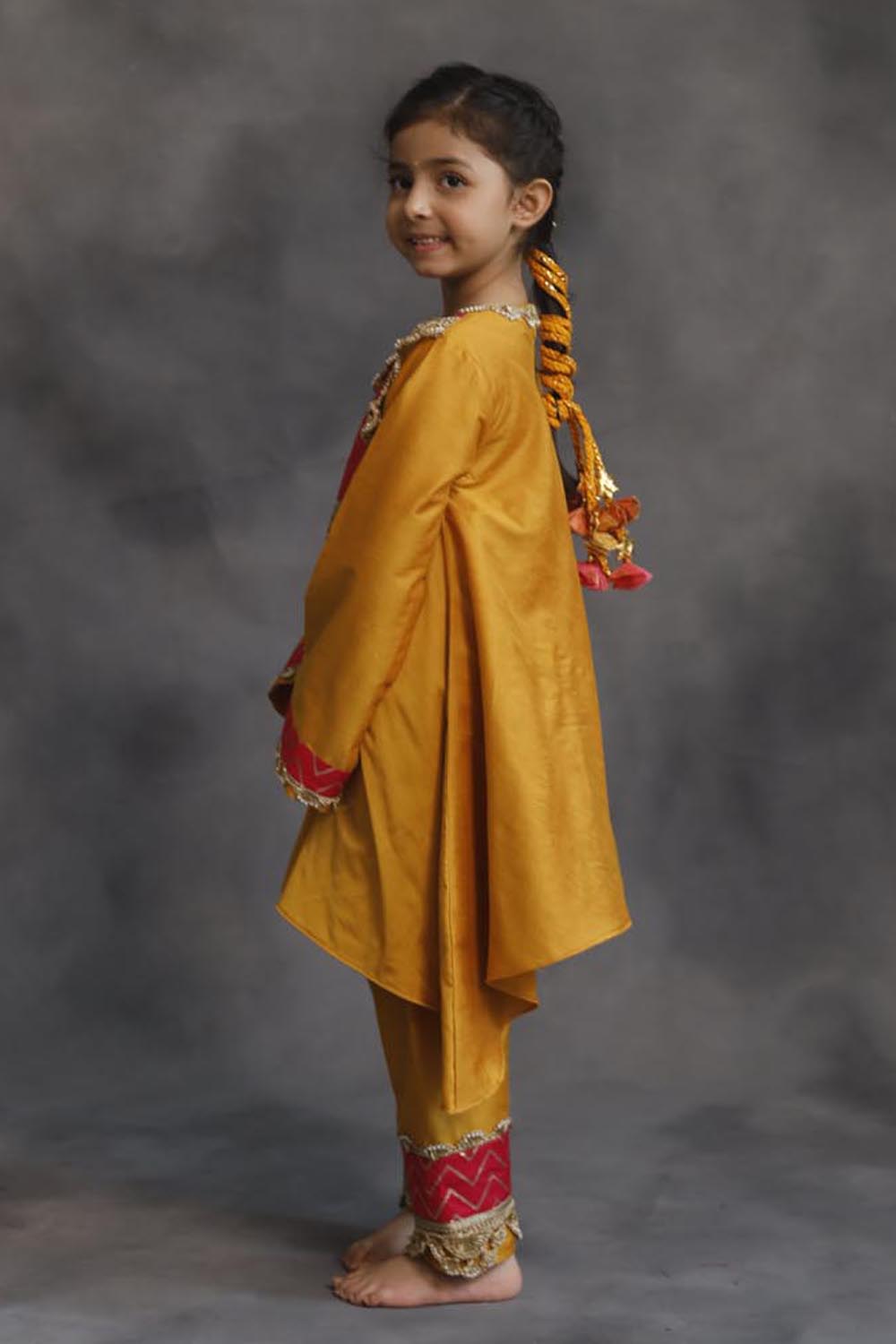 Yellow and Pink Asymmetric Kurta With Pants Set