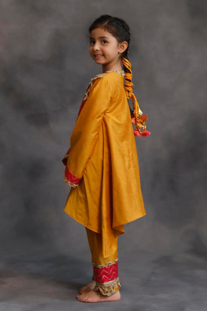 Yellow and Pink Asymmetric Kurta With Pants Set