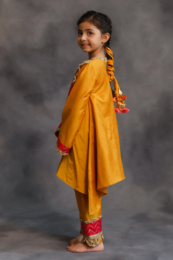 Yellow and Pink Asymmetric Kurta With Pants Set