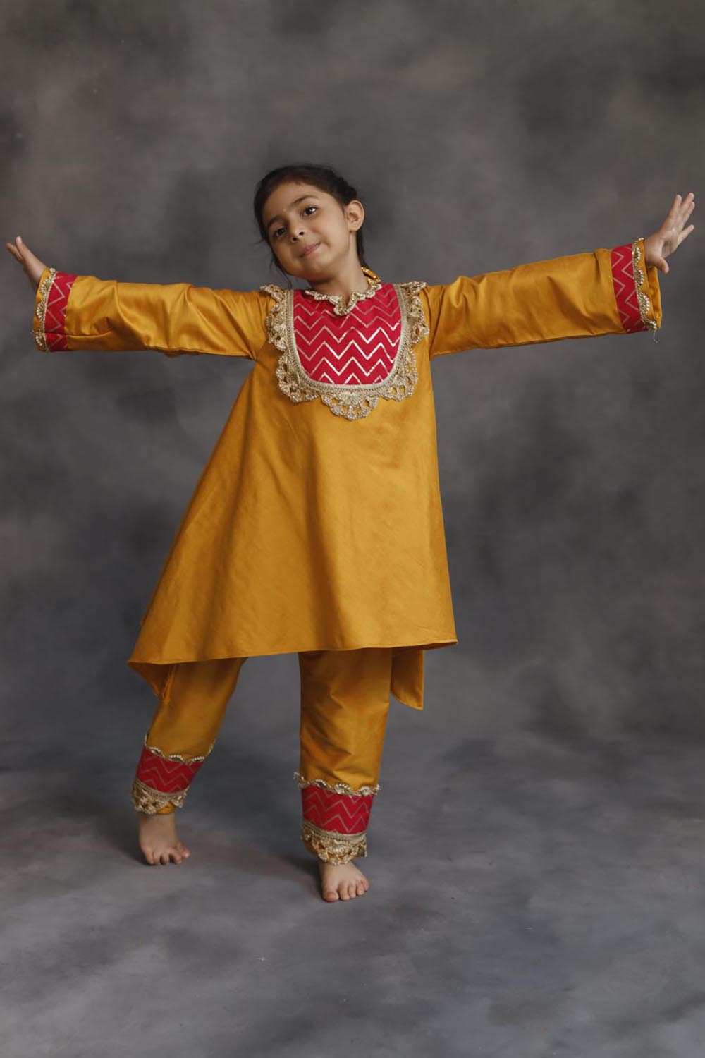 Yellow and Pink Asymmetric Kurta With Pants Set