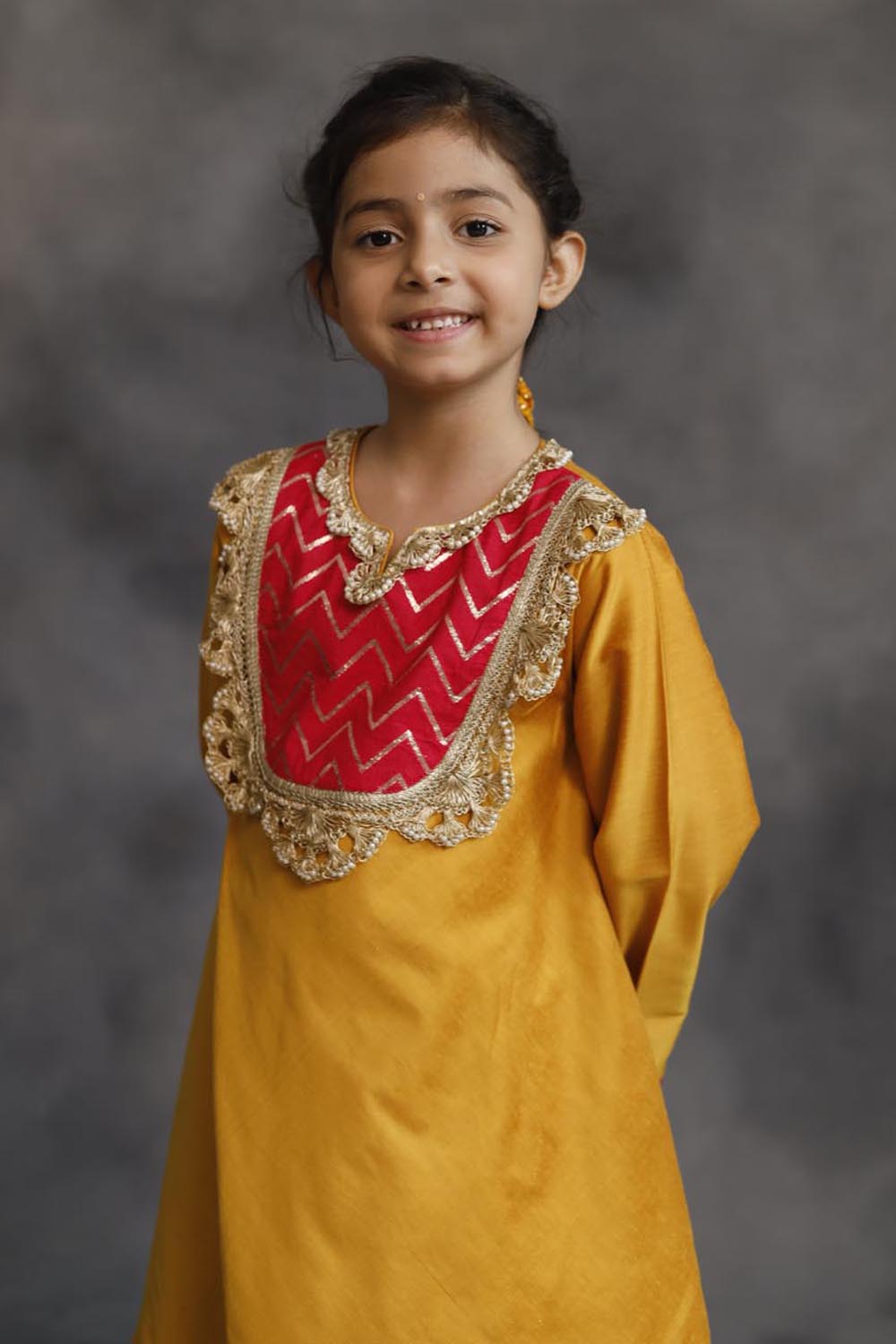 Yellow and Pink Asymmetric Kurta With Pants Set