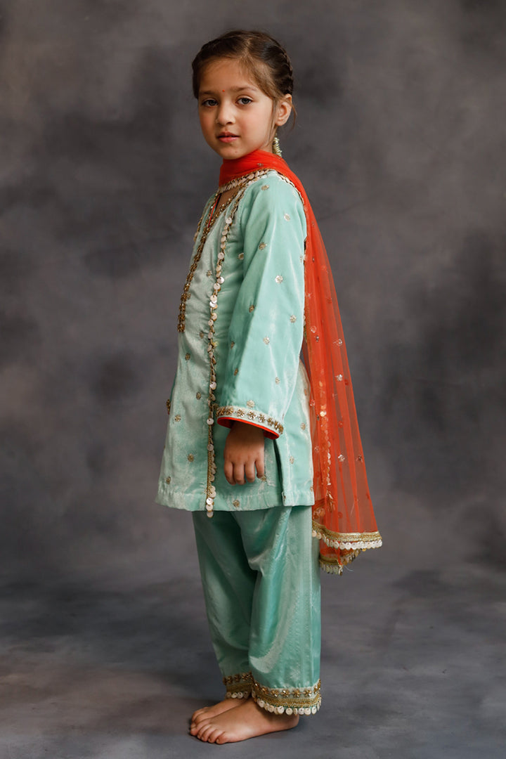 Teal Velvet Kurta & Silk Pants Set