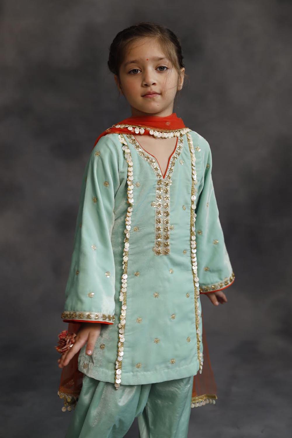 Teal Velvet Kurta & Silk Pants Set