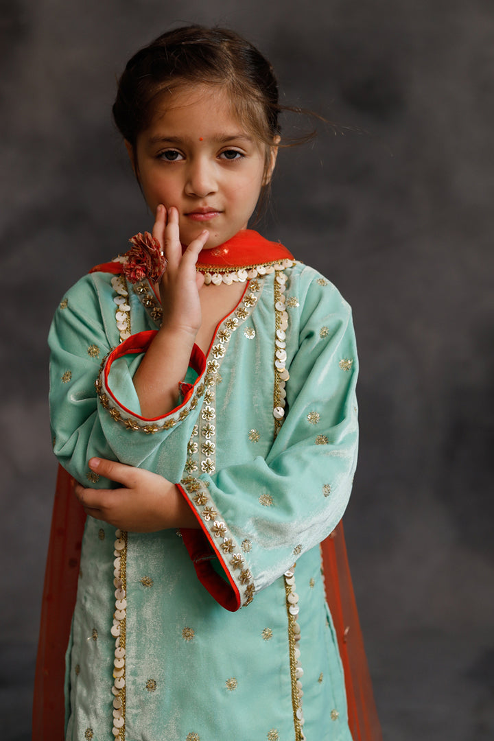 Teal Velvet Kurta & Silk Pants Set