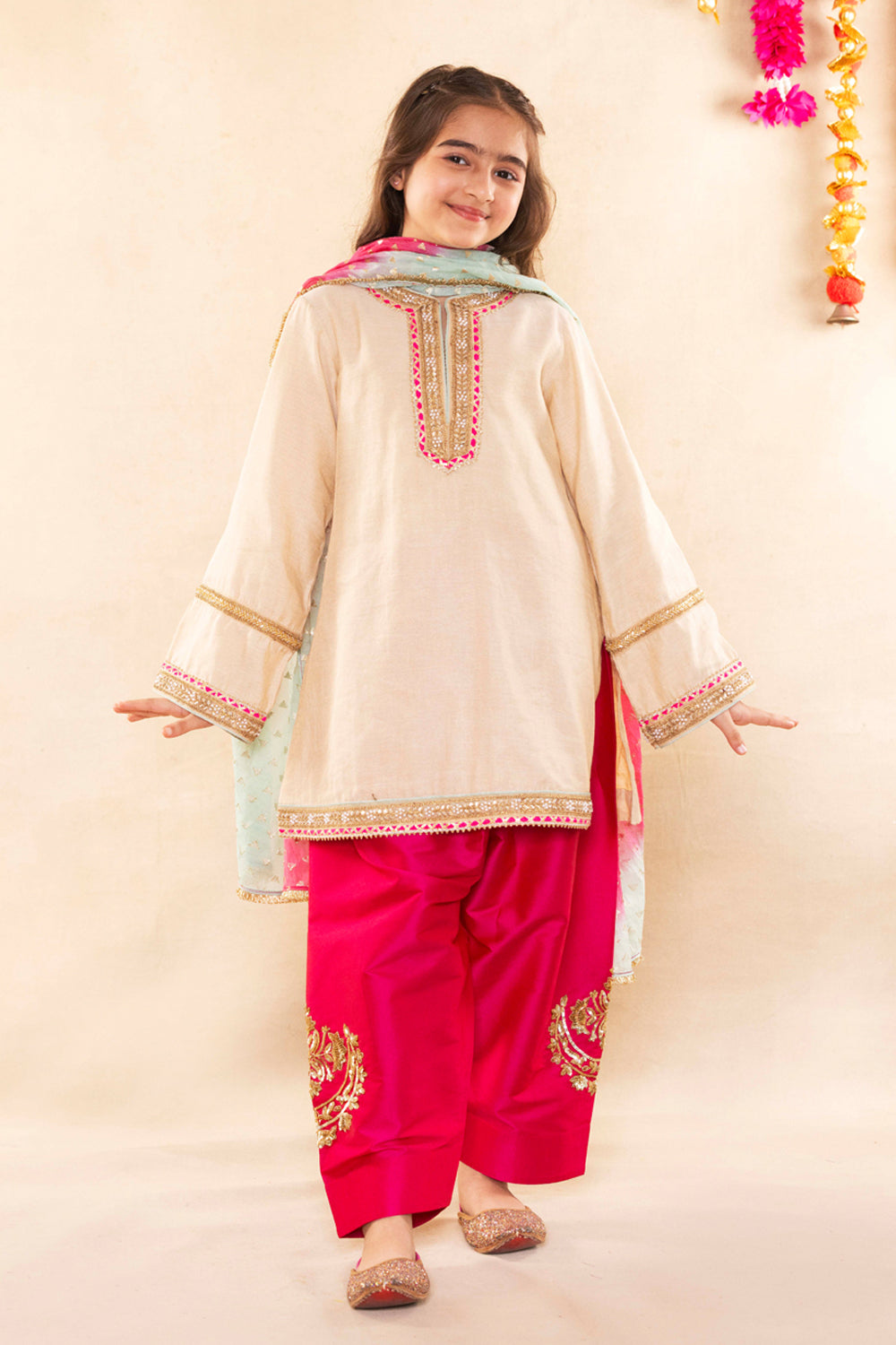 Beige Gold Kurta With Contrast Rani Pink Salwar Set