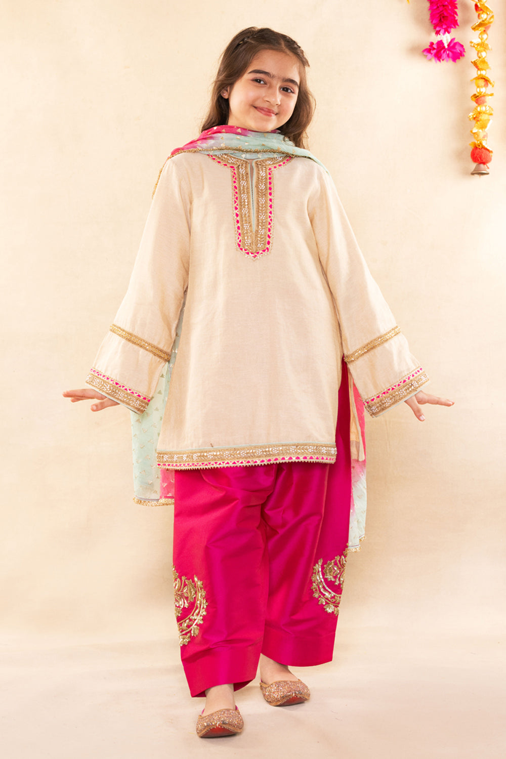 Beige Gold Kurta With Contrast Rani Pink Salwar Set