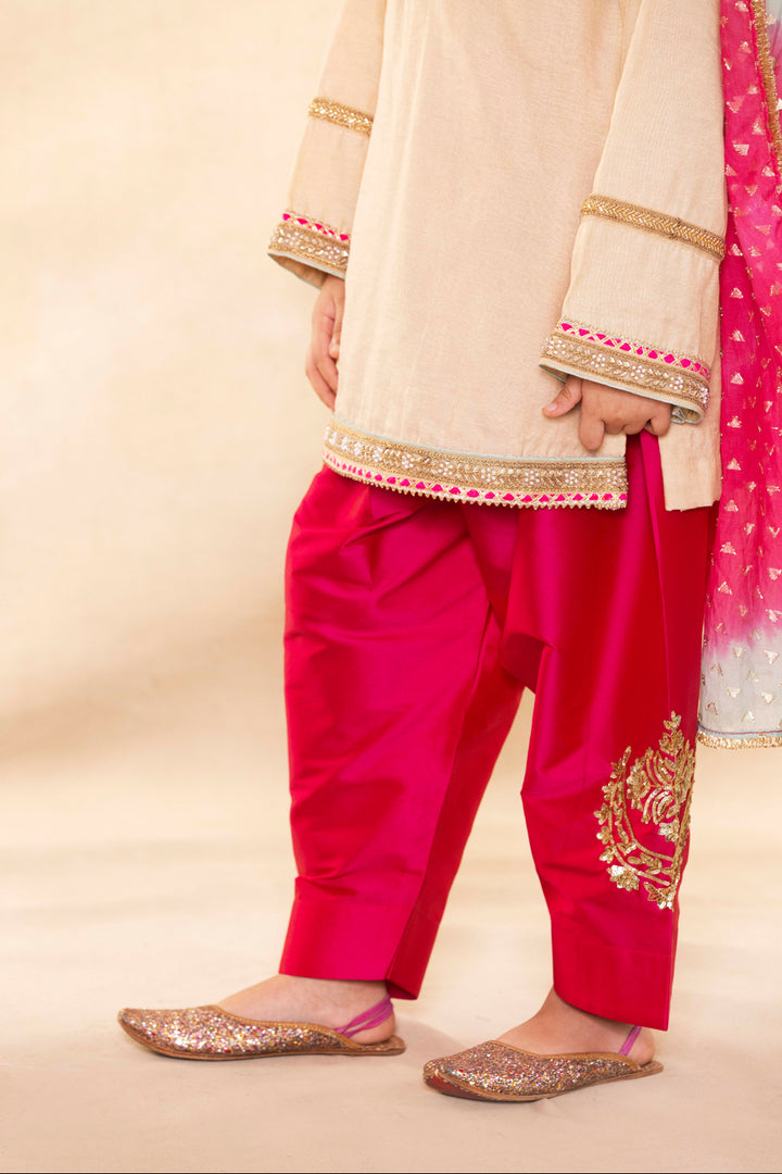 Beige Gold Kurta With Contrast Rani Pink Salwar Set