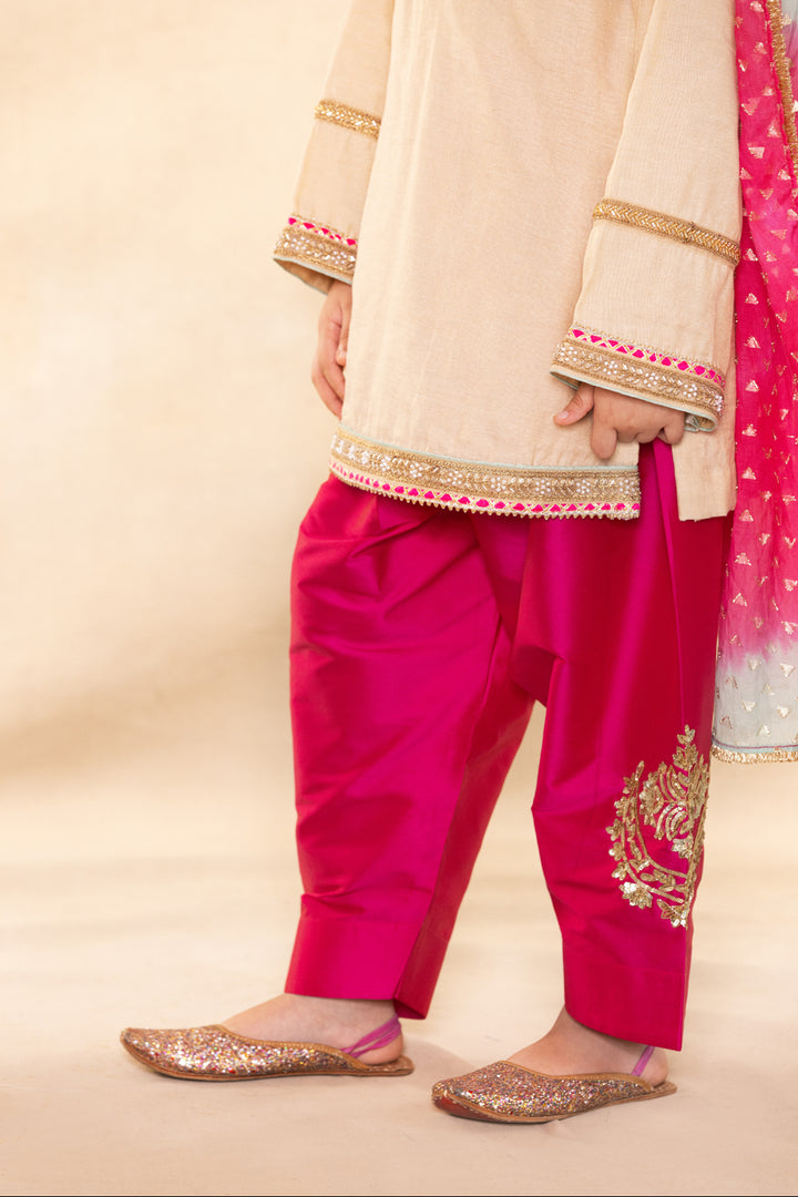Beige Gold Kurta With Contrast Rani Pink Salwar Set