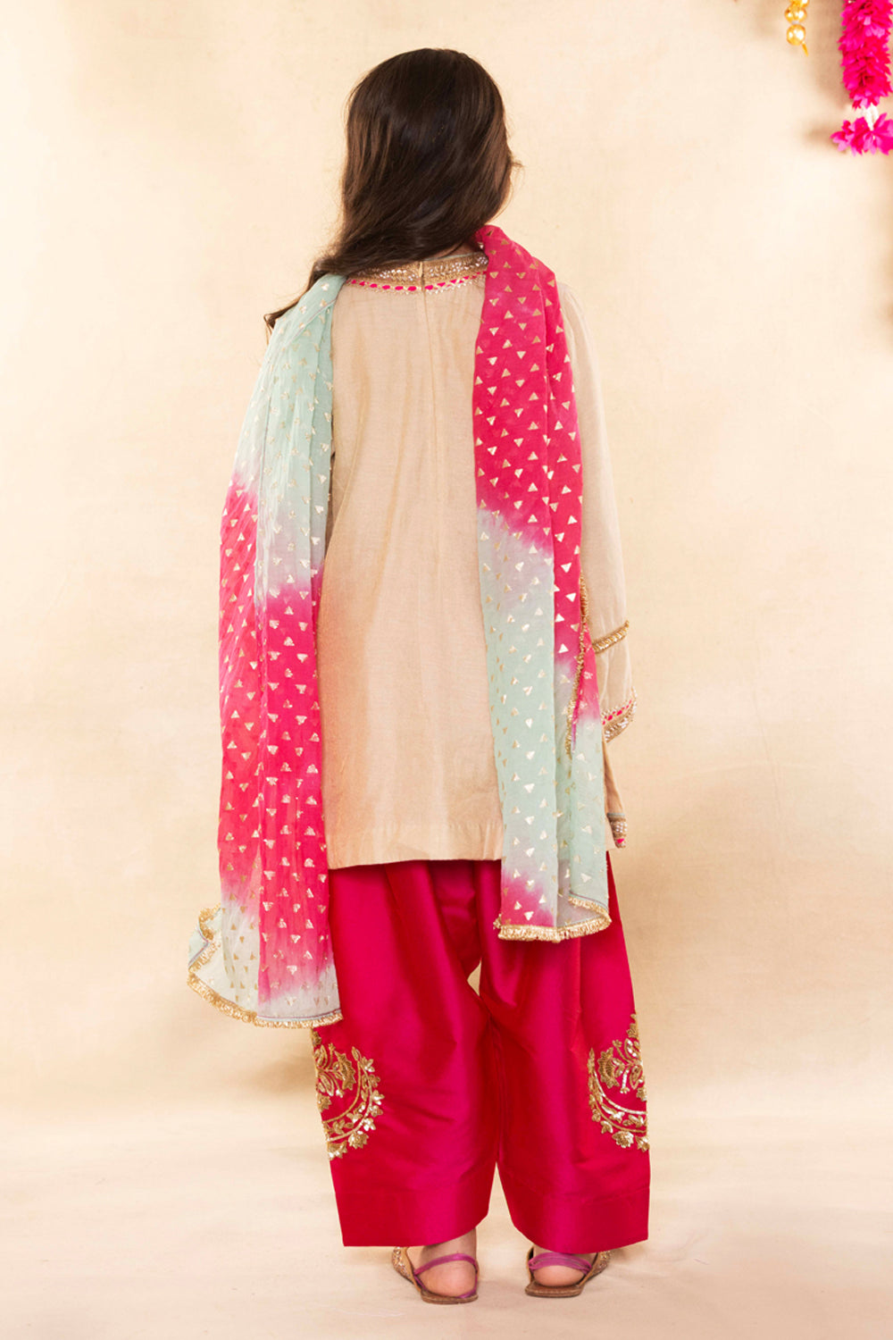 Beige Gold Kurta With Contrast Rani Pink Salwar Set