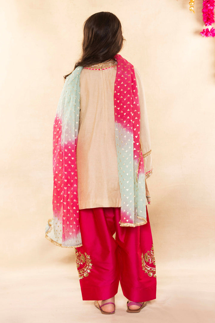Beige Gold Kurta With Contrast Rani Pink Salwar Set