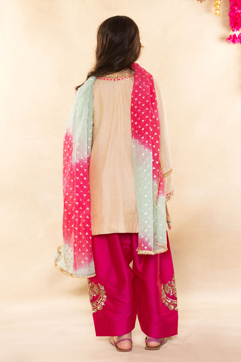 Beige Gold Kurta With Contrast Rani Pink Salwar Set