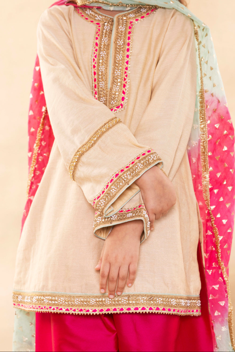 Beige Gold Kurta With Contrast Rani Pink Salwar Set