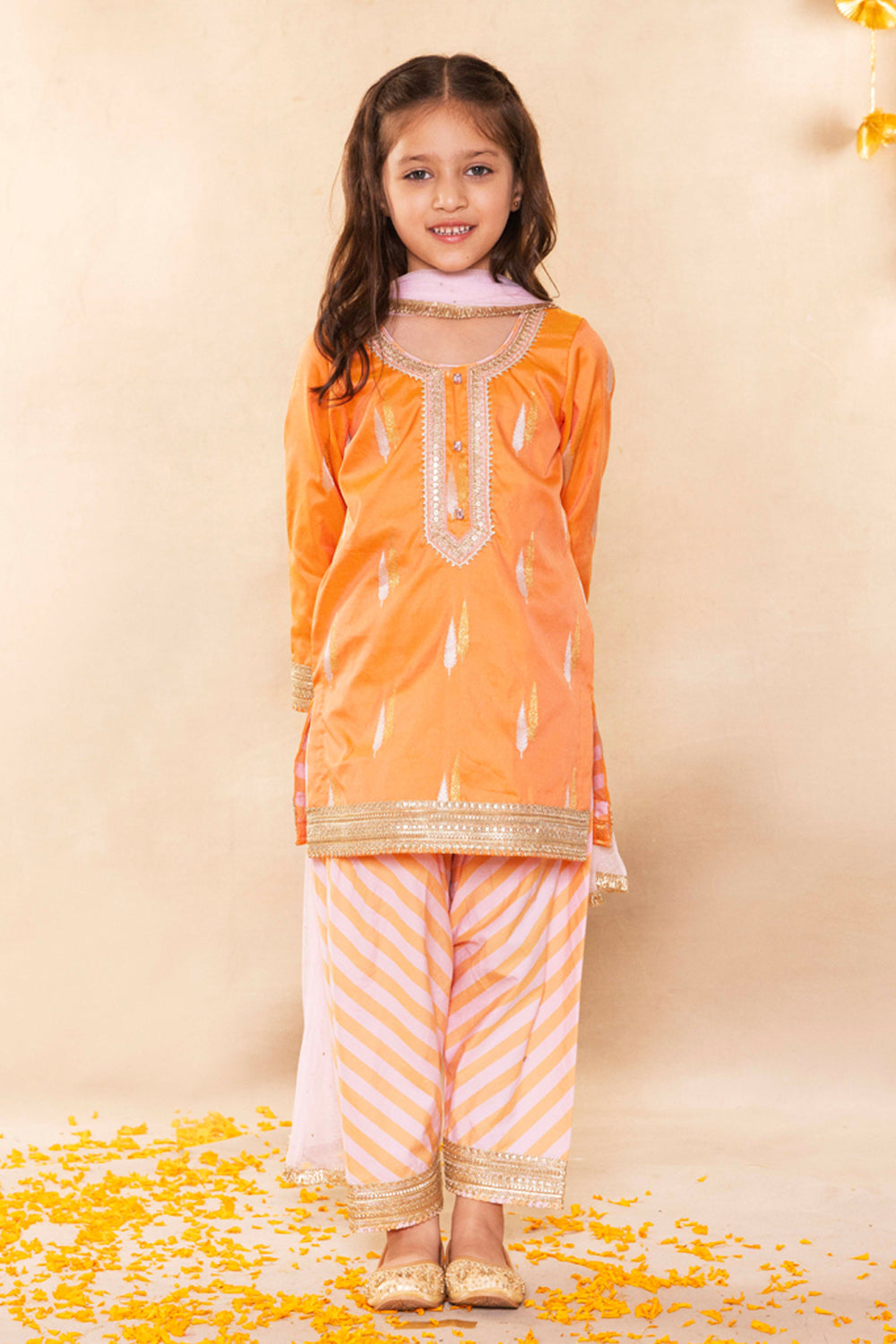 Peach Banarasi Booti Kurta With Farshi Salwar Set