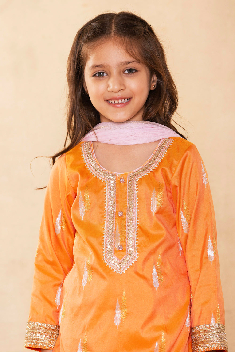 Peach Banarasi Booti Kurta With Farshi Salwar Set