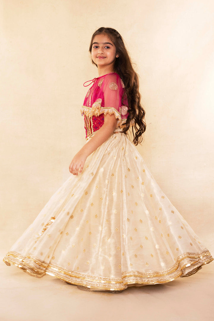 Fuchsia Corset Blouse With Embellished Cape and Gold Tissue Lehenga Set